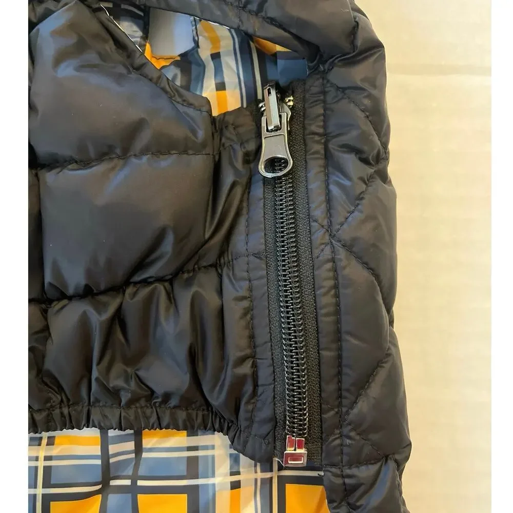 NWT Queeice Dog Puffer Vest Size Small Black Yellow Checked 2 Sided Zipper